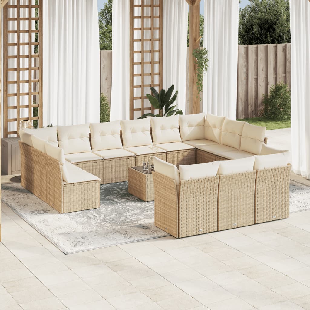 Salon de jardin avec coussins 14 pcs beige résine tressée