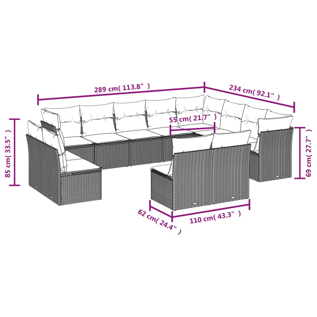 Salon de jardin 12 pcs avec coussins noir résine tressée