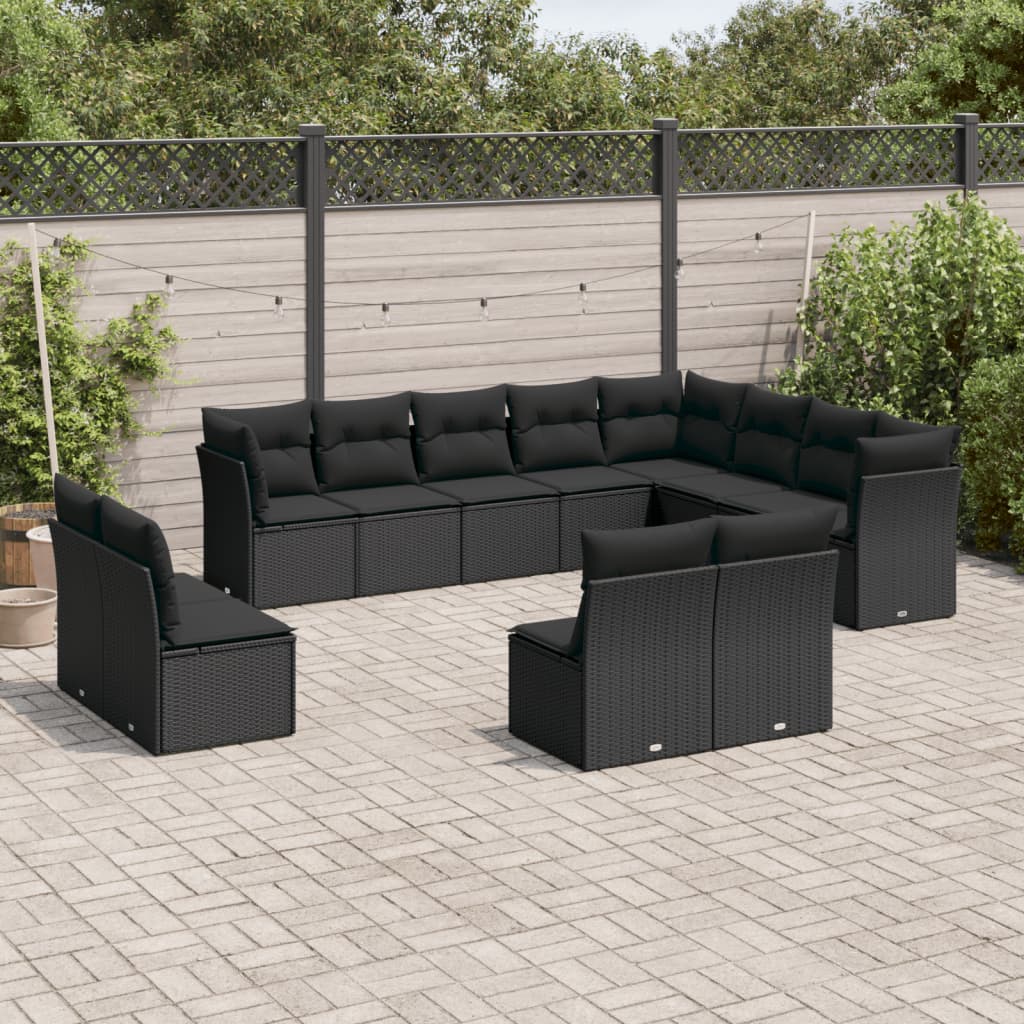 Salon de jardin 12 pcs avec coussins noir résine tressée