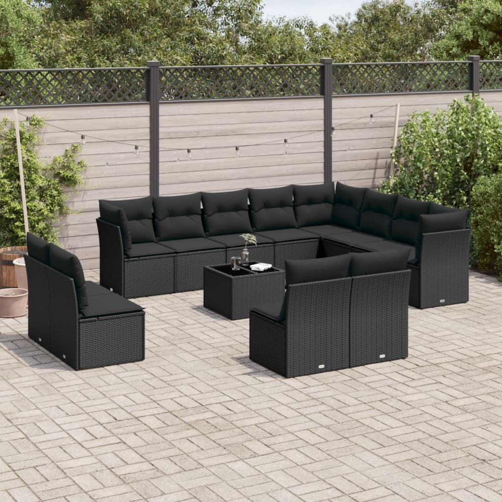 Salon de jardin avec coussins 13 pcs noir résine tressée