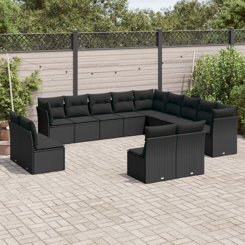 Salon de jardin avec coussins 13 pcs noir résine tressée