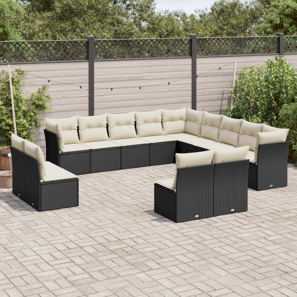 Salon de jardin avec coussins 13 pcs noir résine tressée