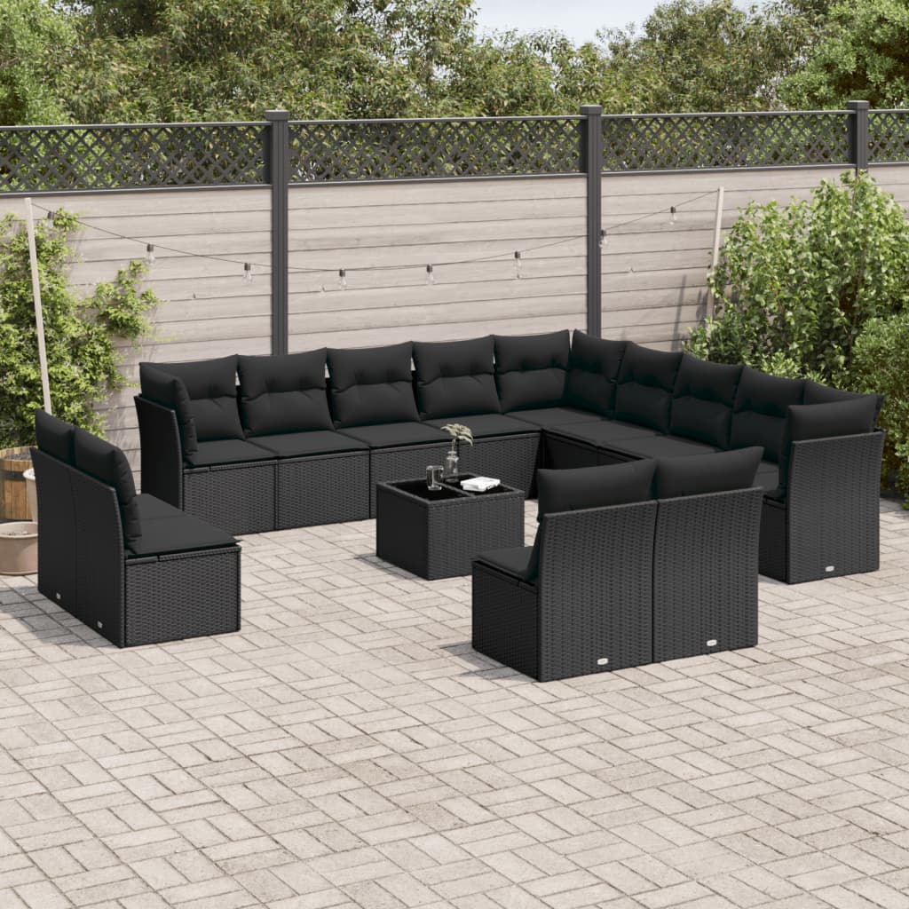 Salon de jardin avec coussins 14 pcs noir résine tressée