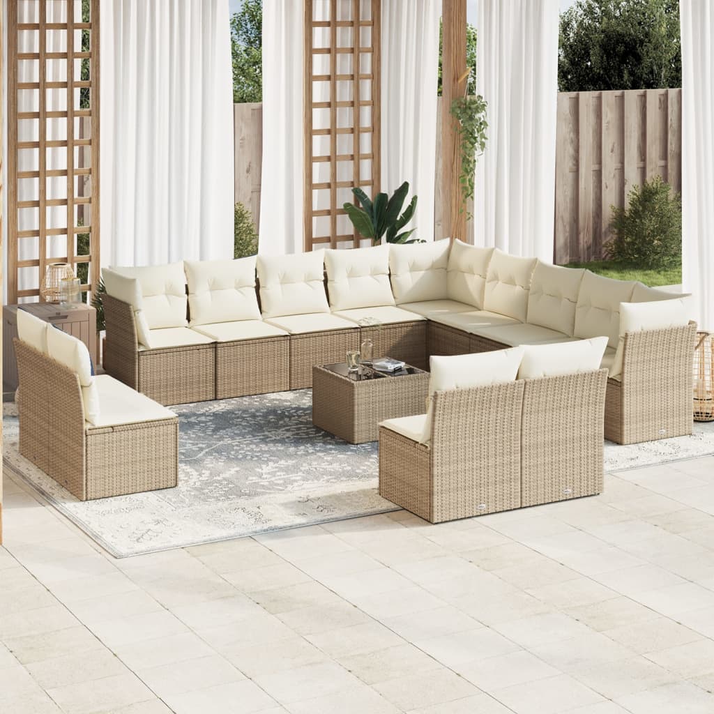 Salon de jardin avec coussins 14 pcs beige résine tressée