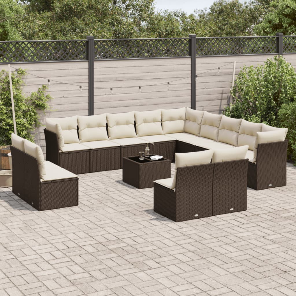 Garden furniture set with cushions 14 pcs brown woven resin