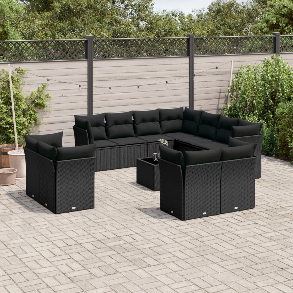 Salon de jardin 12 pcs avec coussins noir résine tressée