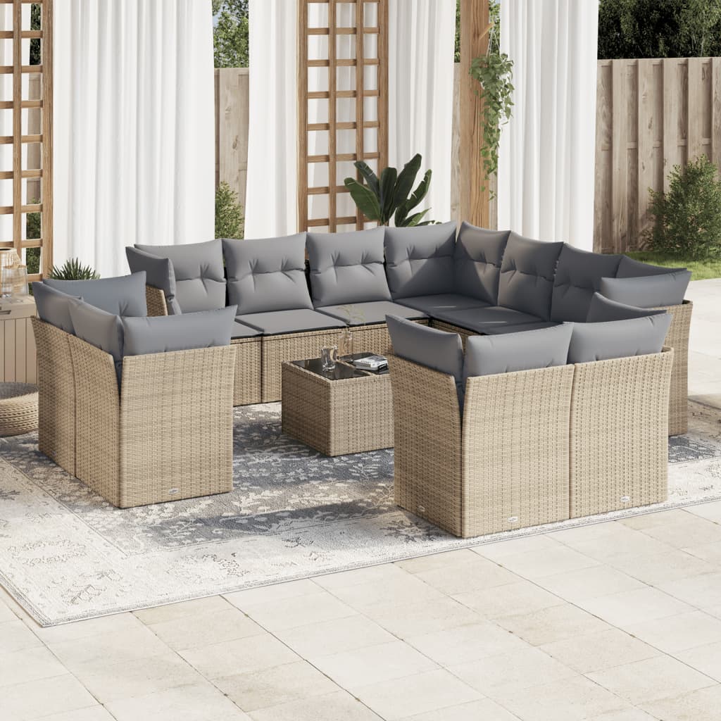 Salon de jardin avec coussins 12 pcs beige résine tressée