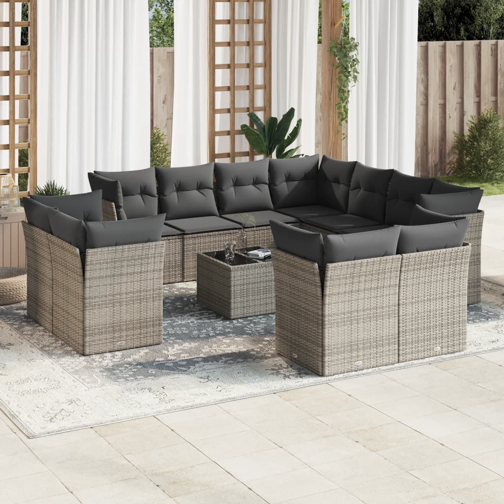 Salon de jardin avec coussins 12 pcs gris résine tressée