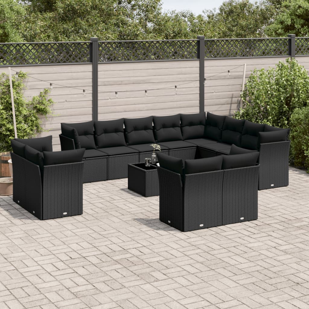 Salon de jardin avec coussins 13 pcs noir résine tressée