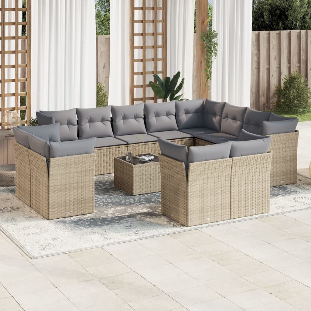 Salon de jardin avec coussins 13 pcs beige résine tressée