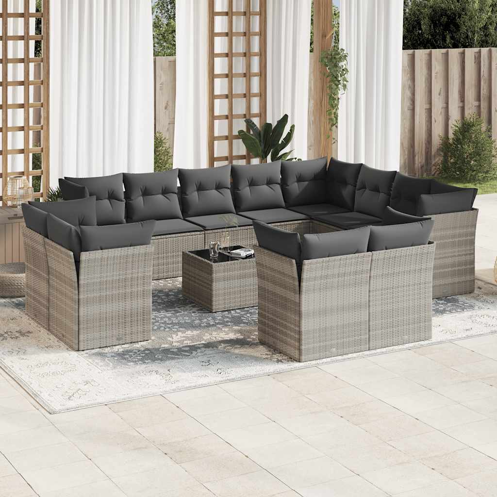 Salon de jardin avec coussins 13 pcs gris clair résine tressée