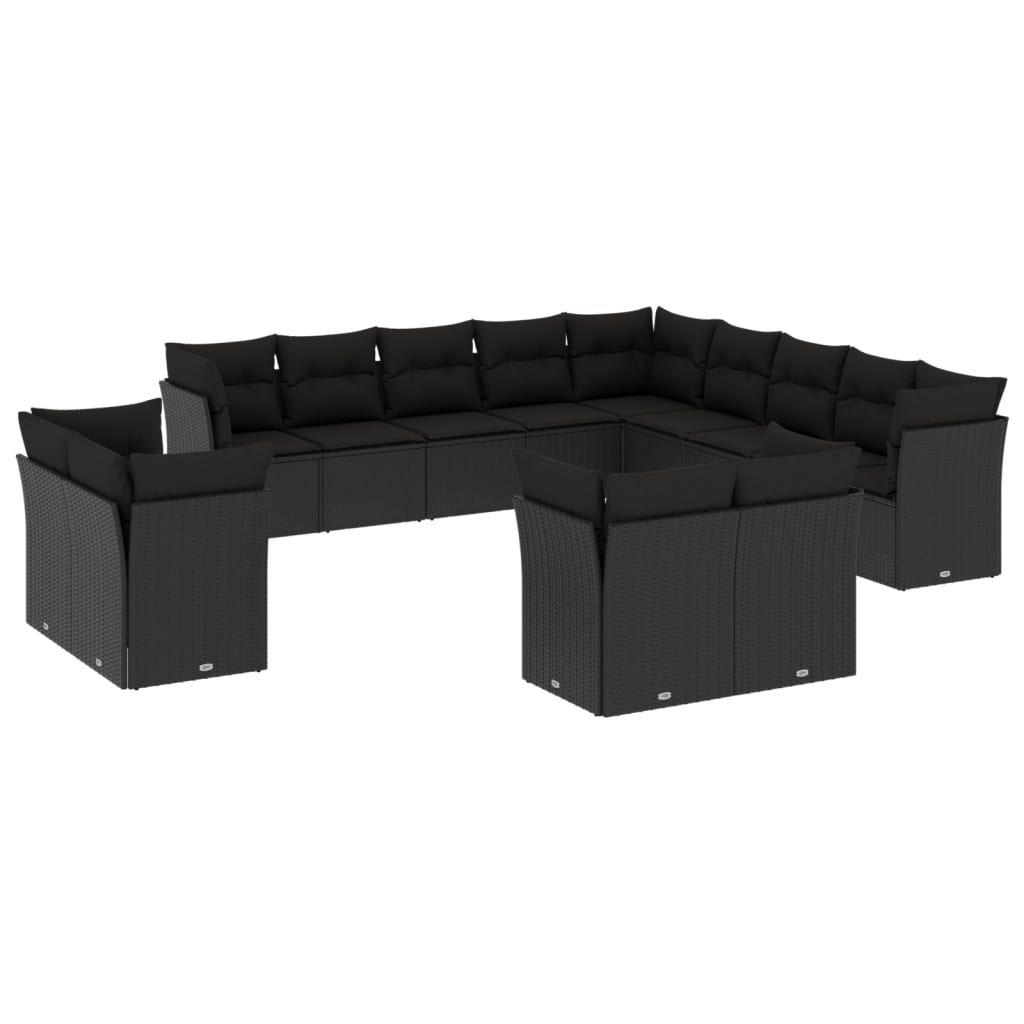 Salon de jardin avec coussins 13 pcs noir résine tressée