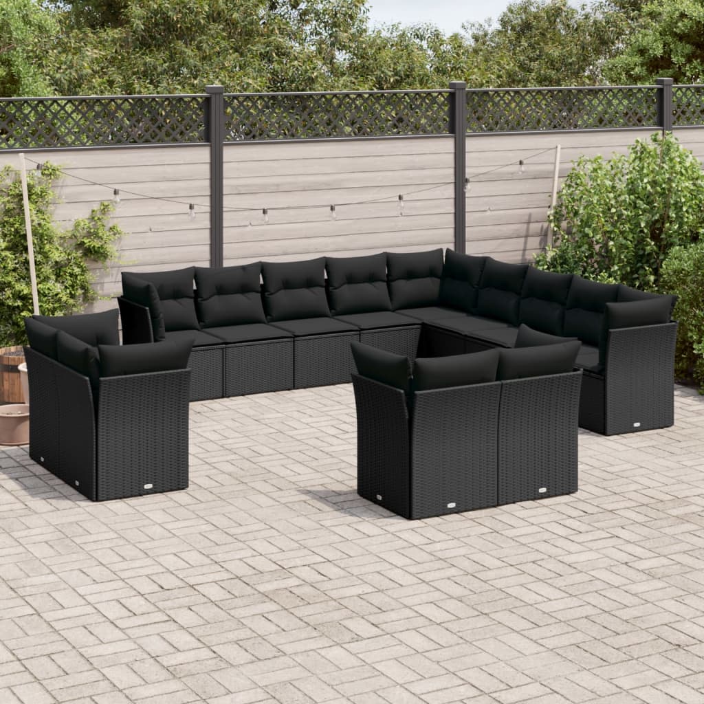 Salon de jardin avec coussins 13 pcs noir résine tressée