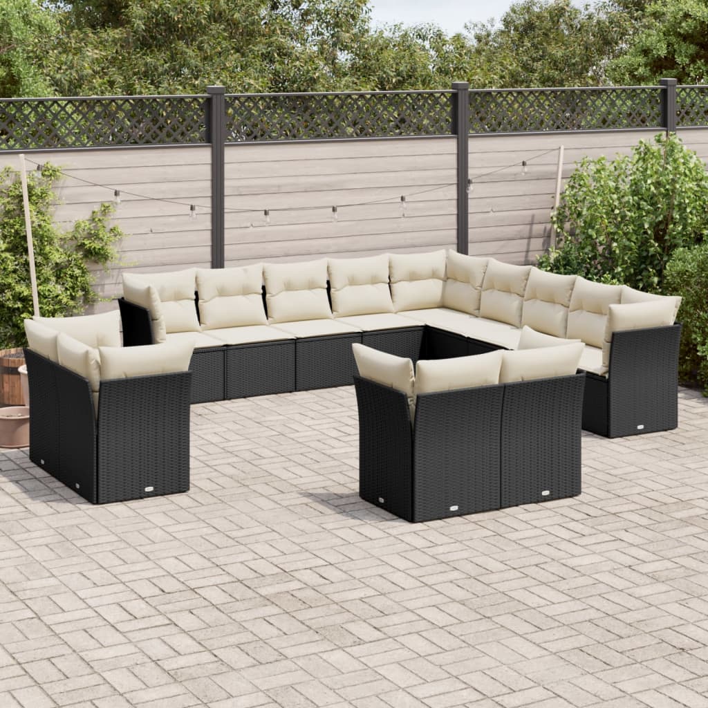 Salon de jardin avec coussins 13 pcs noir résine tressée