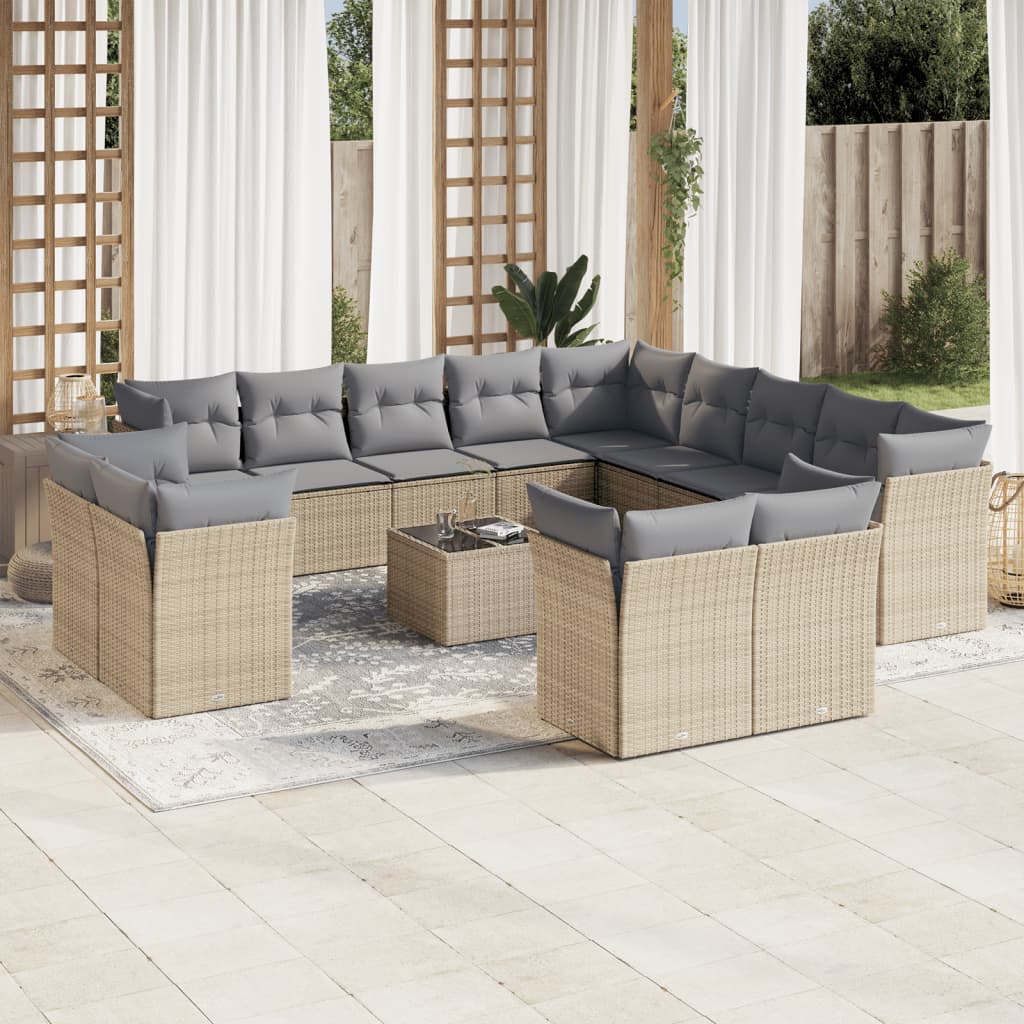 Salon de jardin avec coussins 14 pcs beige résine tressée