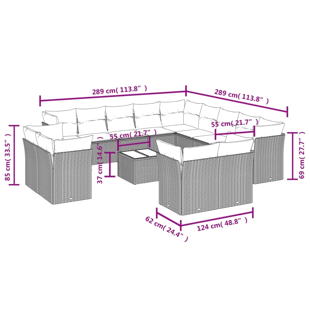 Salon de jardin avec coussins 14 pcs gris résine tressée