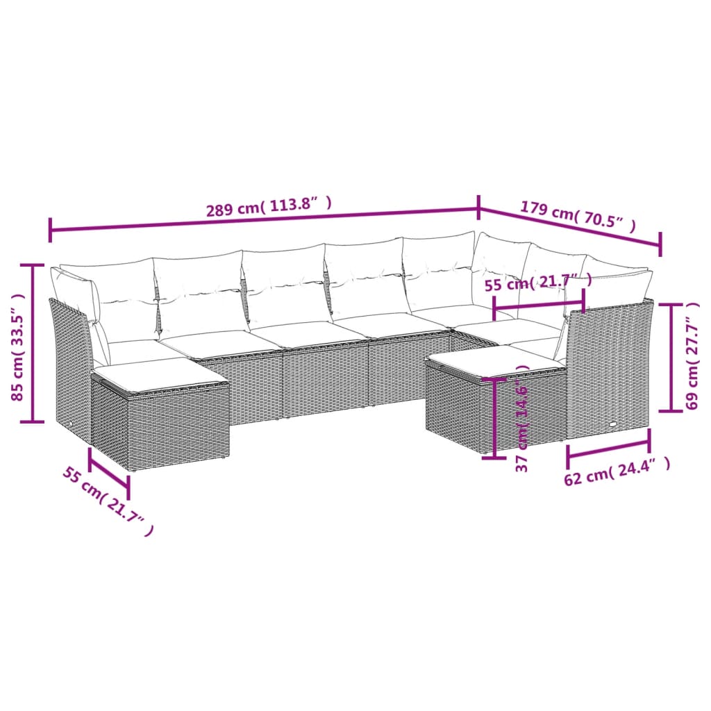 9-piece garden furniture set with grey cushions in woven resin