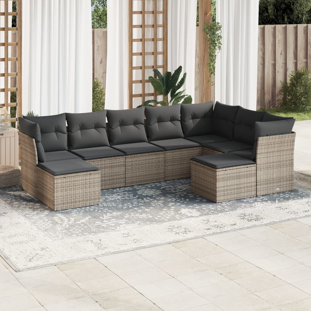 9-piece garden furniture set with grey cushions in woven resin