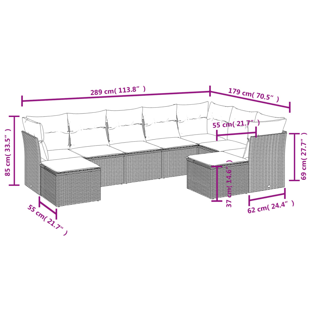 Salon de jardin avec coussins 9 pcs marron résine tressée