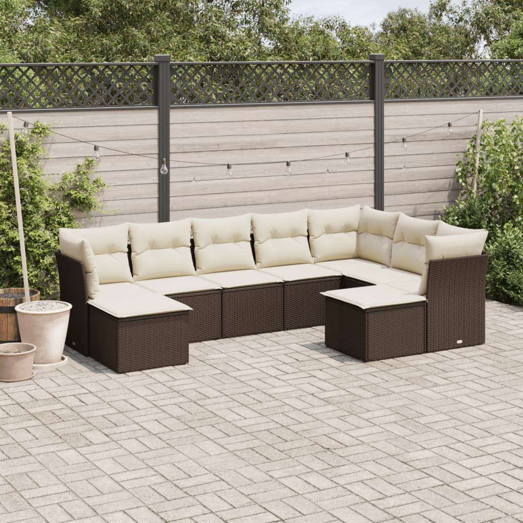 Salon de jardin avec coussins 9 pcs marron résine tressée