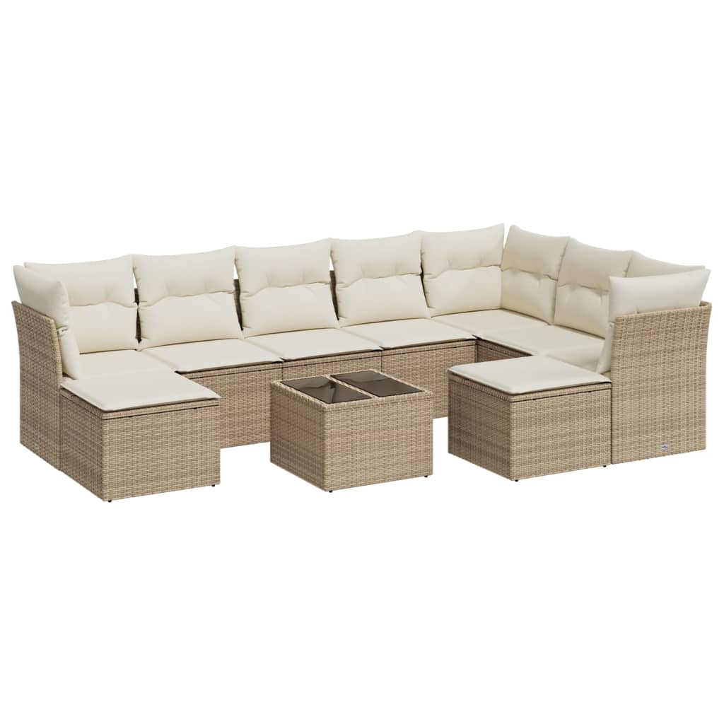 Garden furniture set with cushions 10 pcs beige woven resin