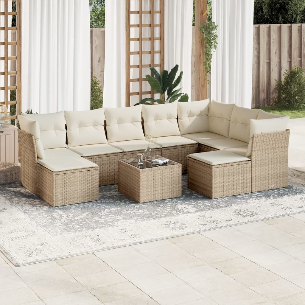 Garden furniture set with cushions 10 pcs beige woven resin