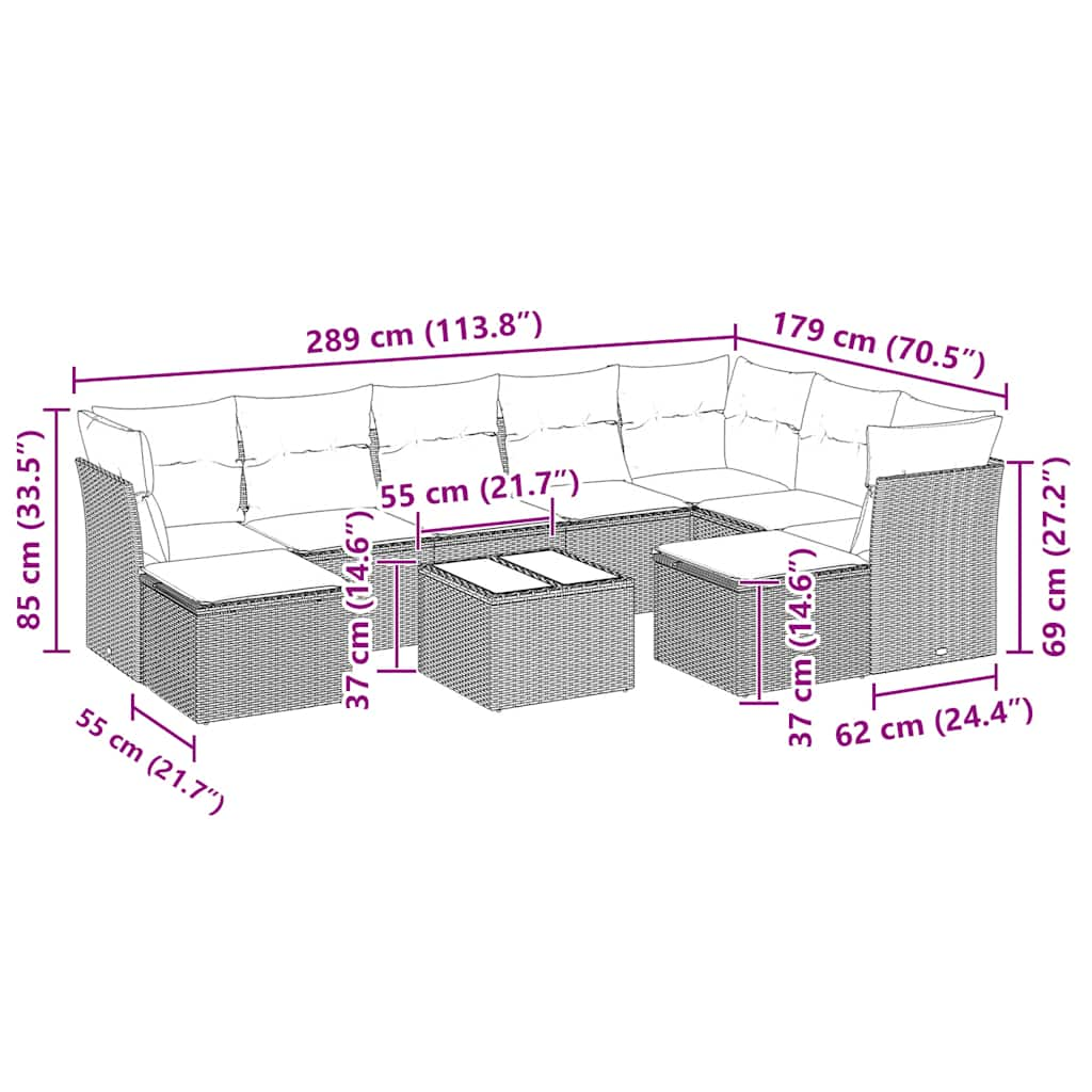 Salon de jardin avec coussins 10 pcs gris clair résine tressée