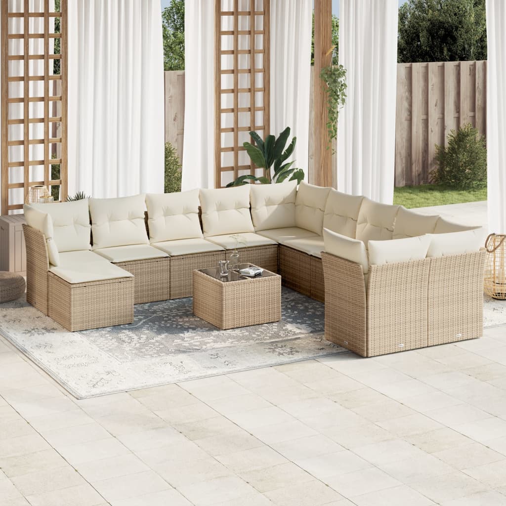 Salon de jardin avec coussins 12 pcs beige résine tressée