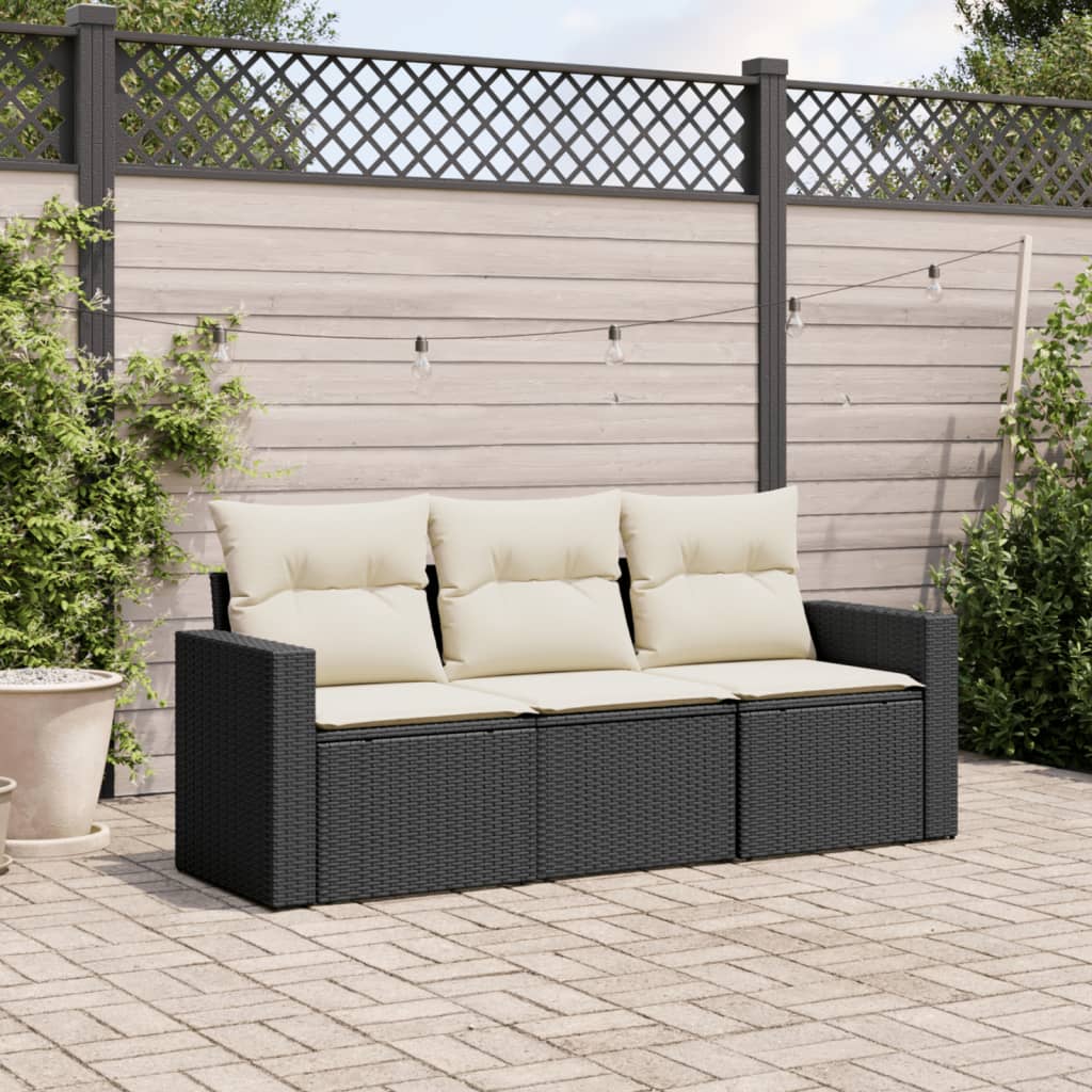 Salon de jardin 3 pcs avec coussins noir résine tressée