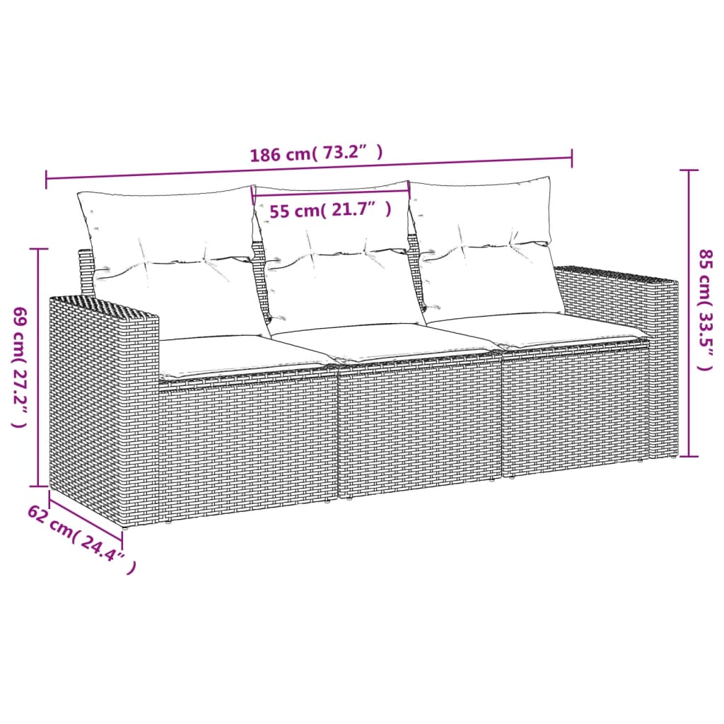 Salon de jardin avec coussins 3 pcs gris résine tressée