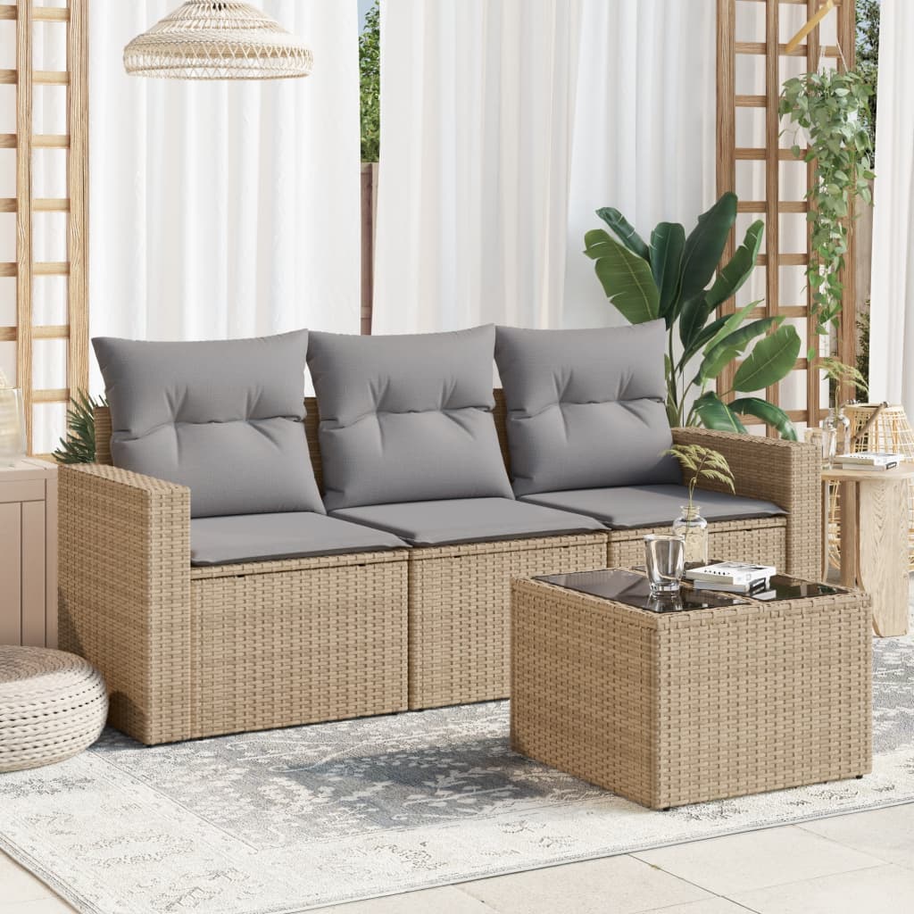 Salon de jardin avec coussins 4 pcs beige résine tressée