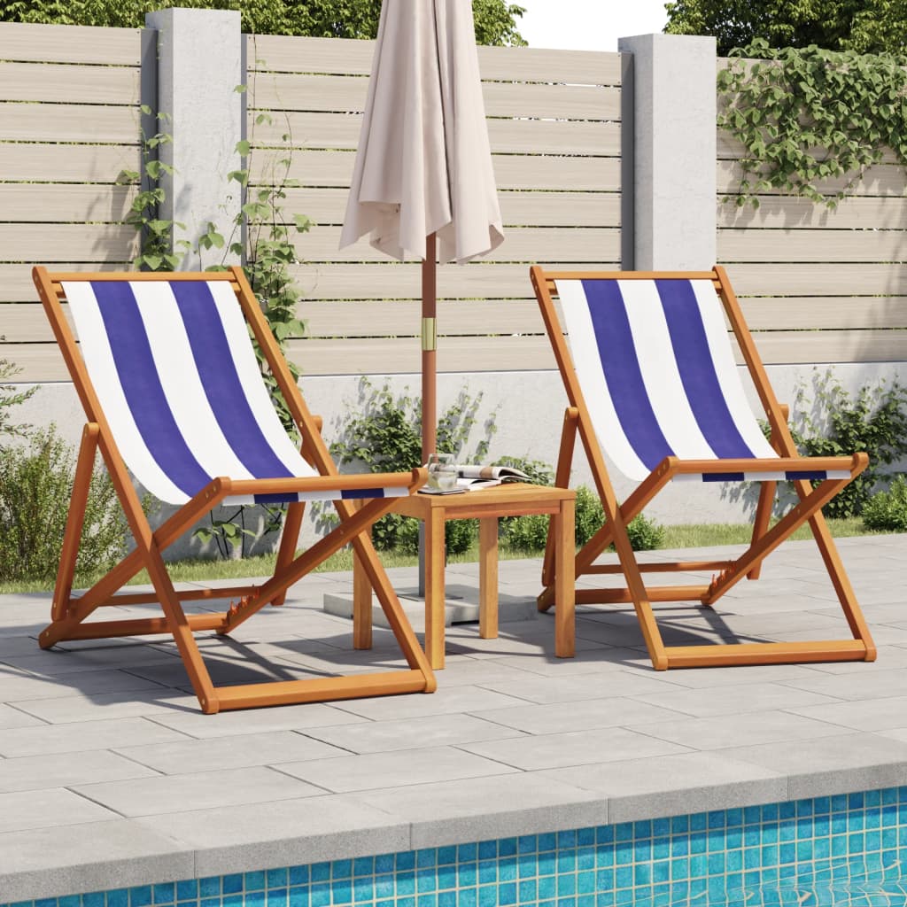 Chaises de plage pliantes lot de 2 bleu blanc tissu bois massif