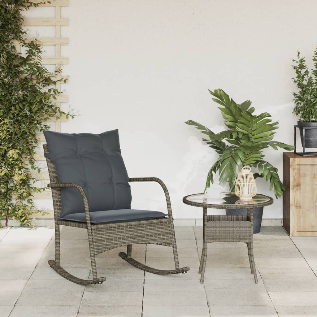 Chaise à bascule de jardin avec coussins gris résine tressée