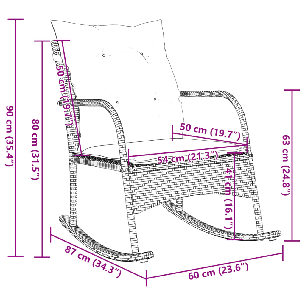 Chaise à bascule de jardin avec coussins gris résine tressée