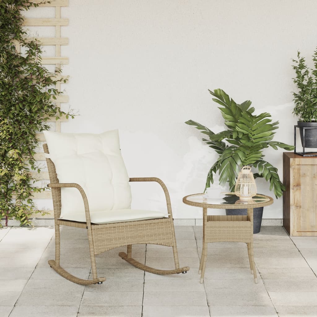 Chaise à bascule de jardin avec coussins beige résine tressée