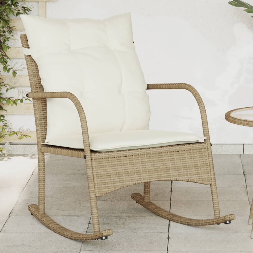 Chaise à bascule de jardin avec coussins beige résine tressée