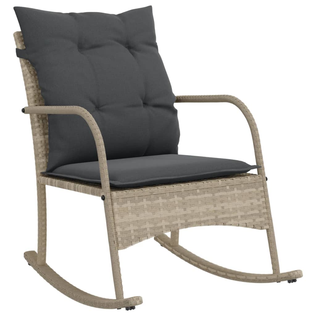 Chaise à bascule de jardin avec coussins gris clair poly rotin