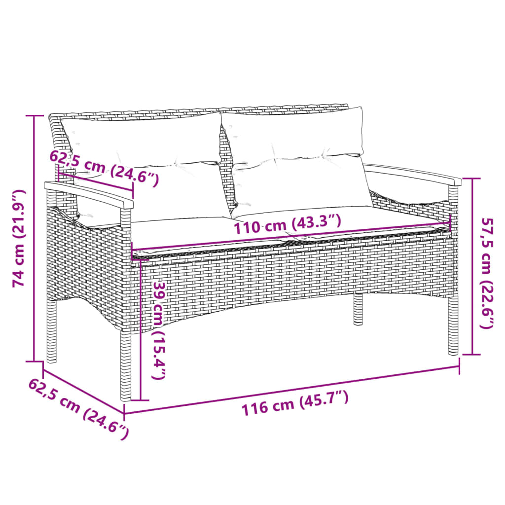 Banc de jardin avec coussins 116x62,5x74cm beige résine tressée