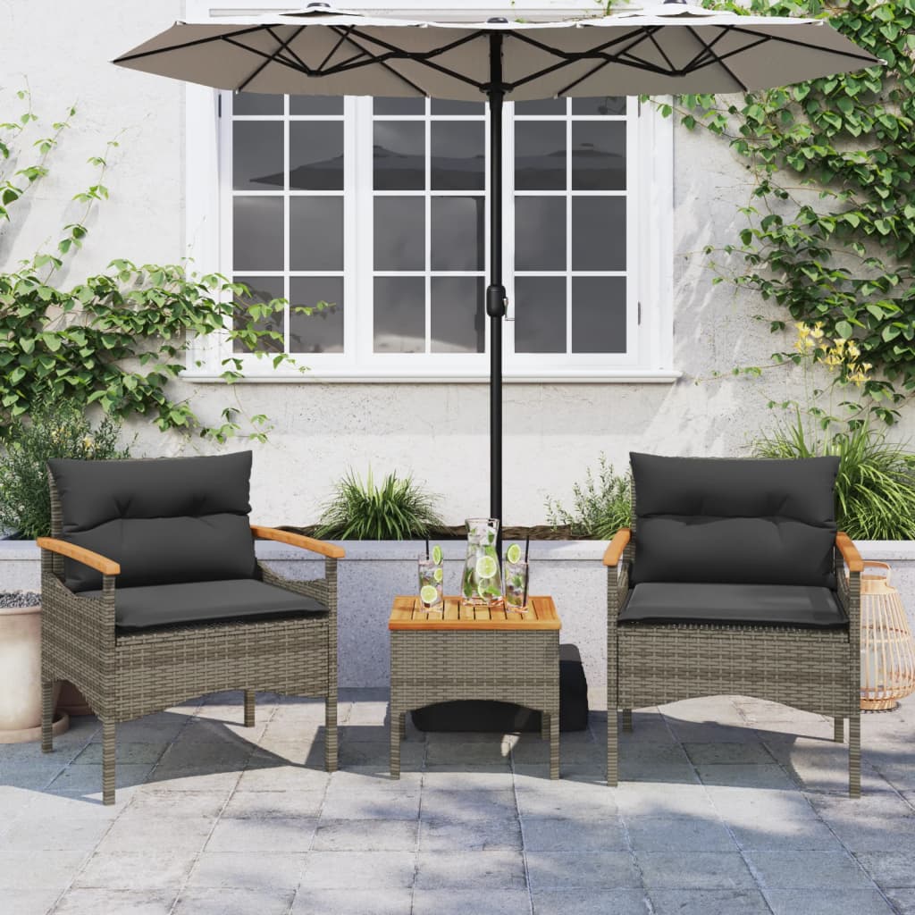 Salon de jardin avec coussins 3 pcs gris résine tressée