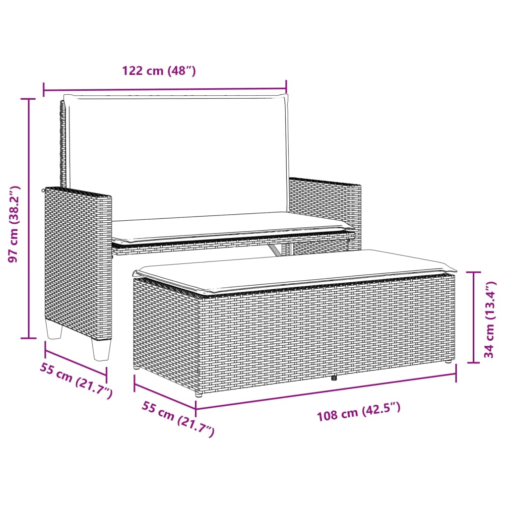 Banc de jardin et coussins et repose-pied beige résine tressée