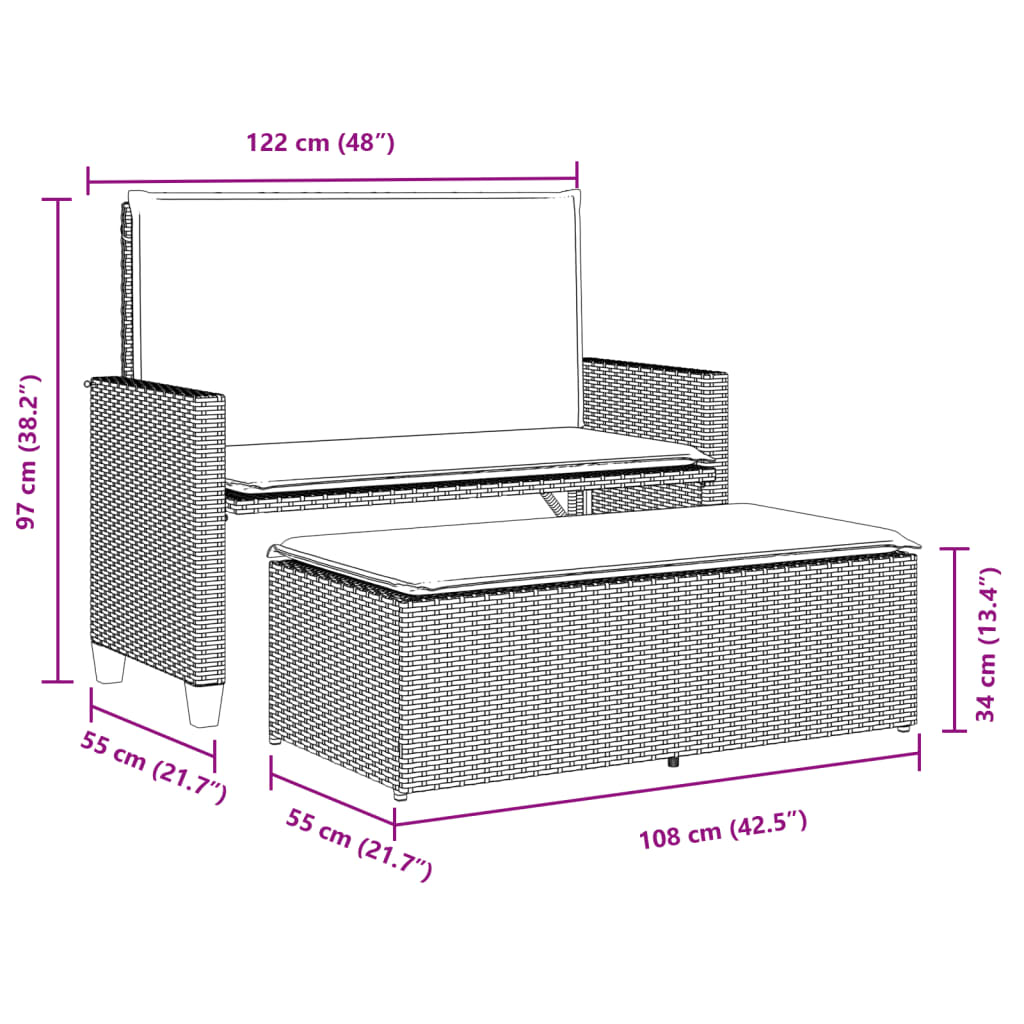 Banc de jardin et coussins et repose-pied gris clair poly rotin