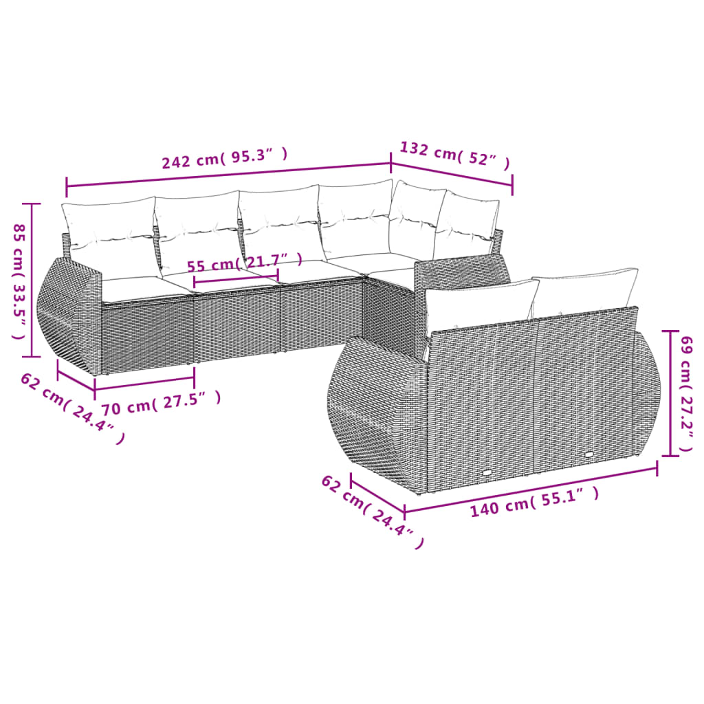 Salon de jardin avec coussins 7 pcs gris résine tressée