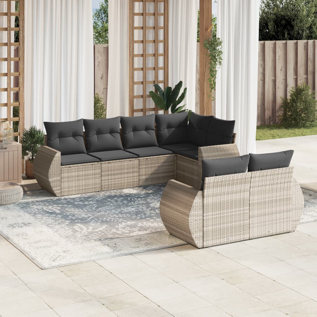 Salon de jardin avec coussins 7 pcs gris clair résine tressée