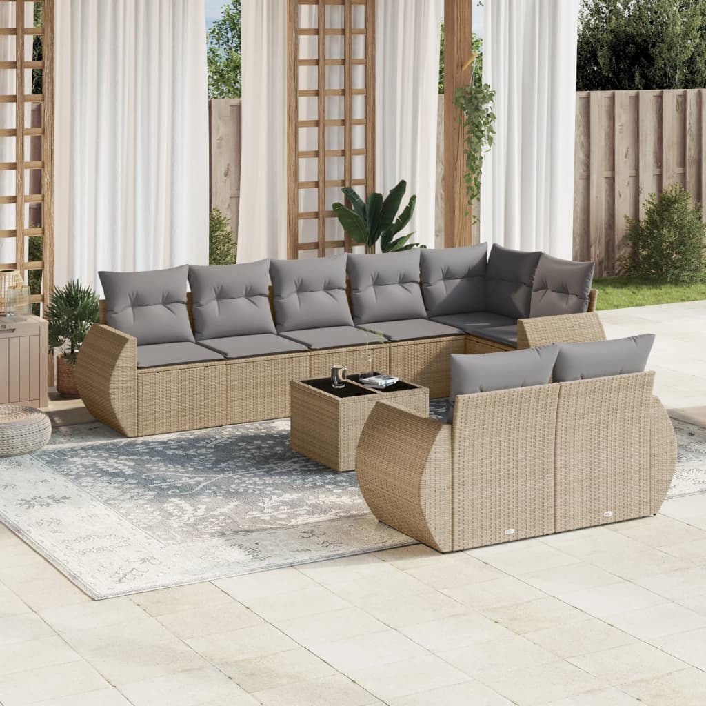 Garden furniture set with cushions 9 pcs beige woven resin