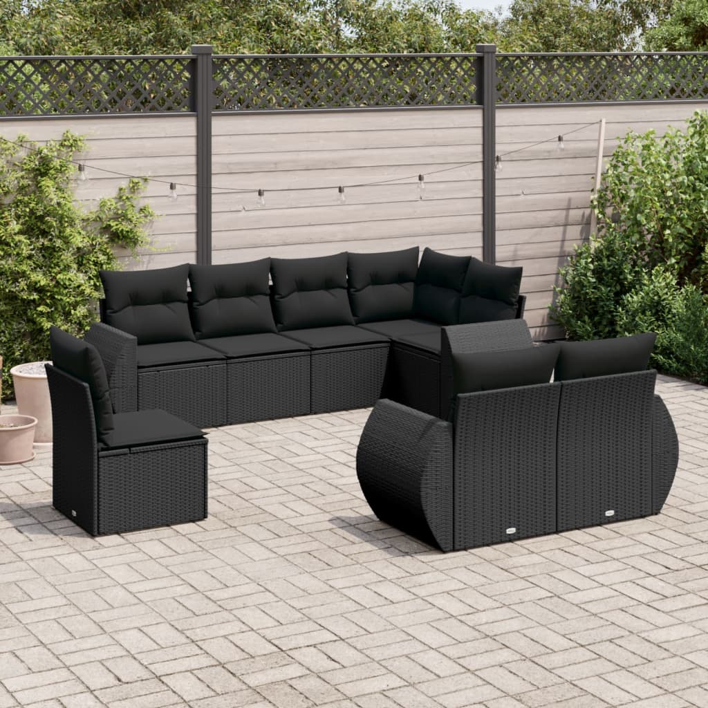 Salon de jardin 8 pcs avec coussins noir résine tressée