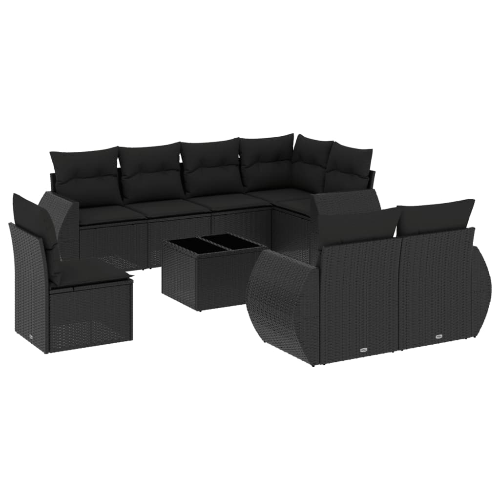 9-piece garden furniture set with black resin wicker cushions