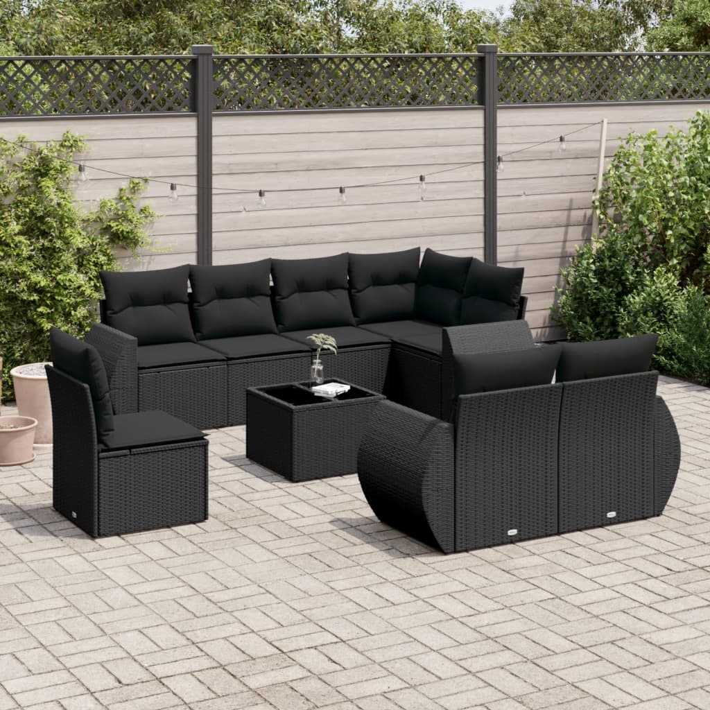 9-piece garden furniture set with black resin wicker cushions