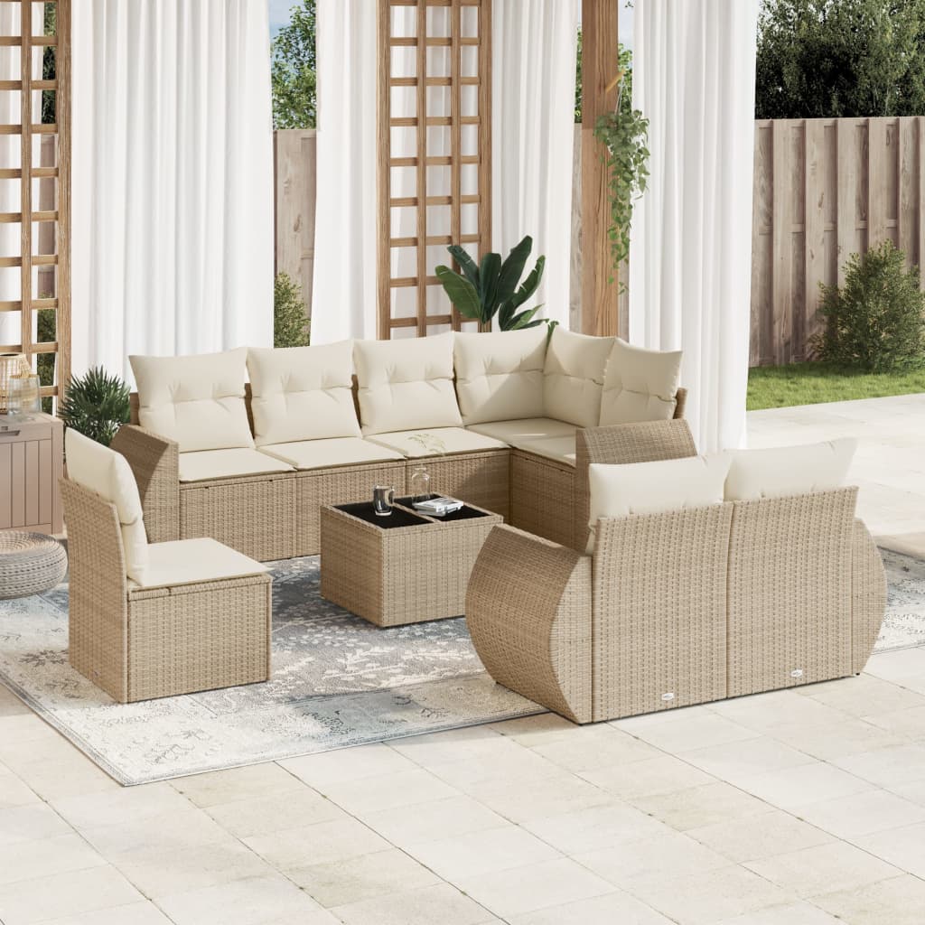 Salon de jardin avec coussins 9 pcs beige résine tressée