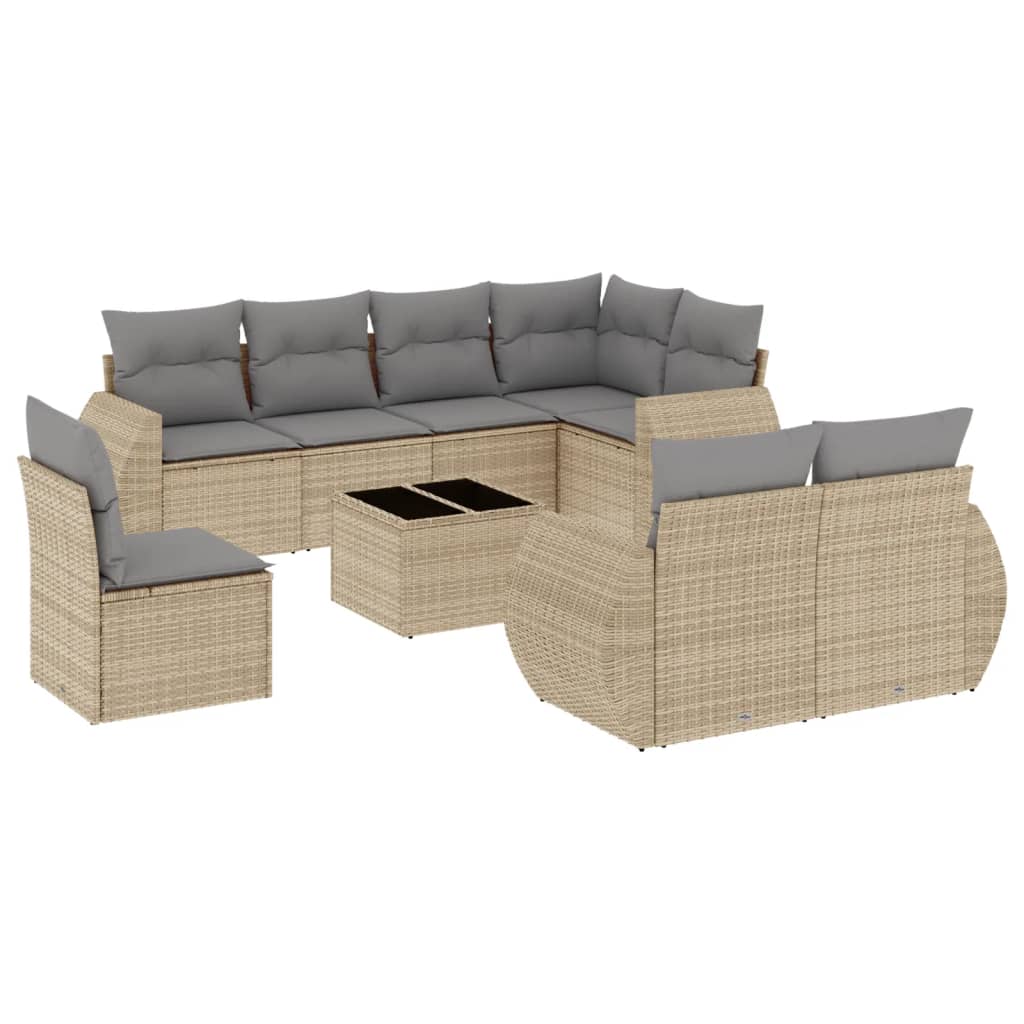 Garden furniture set with cushions 9 pcs beige woven resin