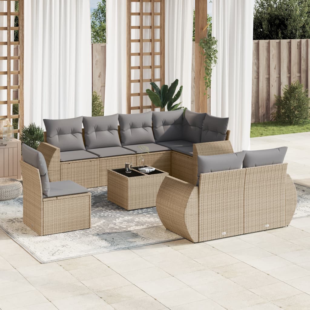 Salon de jardin avec coussins 9 pcs beige résine tressée